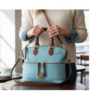 Dooney & Bourke Pebble Grain Leather Satchel Sky Blue Tan Trim Crossbody Bag